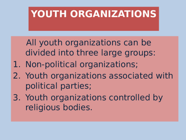 YOUTH ORGANIZATIONS  All youth organizations can be divided into three large groups: Non-political organizations; Youth organizations associated with political parties; Youth organizations controlled by religious bodies. 