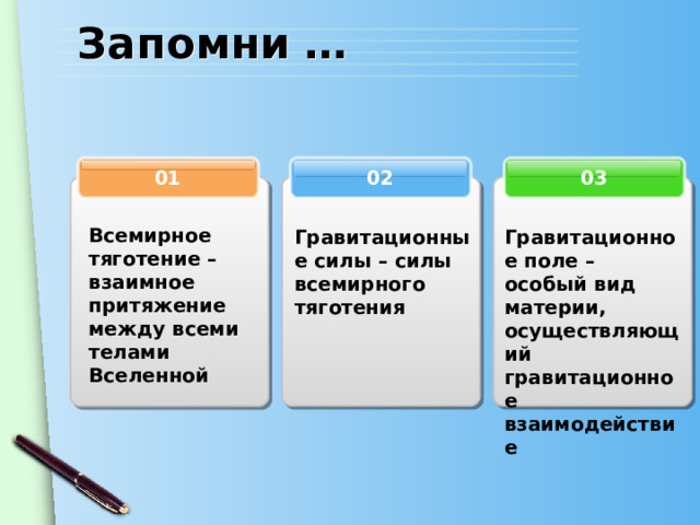 Запомни … 03 02 01 Всемирное тяготение – взаимное притяжение между всеми телами Вселенной  Гравитационные силы – силы всемирного тяготения Гравитационное поле – особый вид материи, осуществляющий гравитационное взаимодействие 