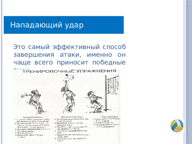 Нападающий удар Это самый эффективный способ завершения атаки, именно он чаще всего приносит победные очки 