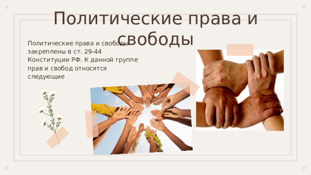 Политические права и свободы Политические права и свободы закреплены в ст. 29-44 Конституции РФ. К данной группе прав и свобод относятся следующие 