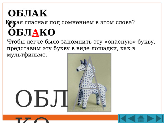 ОБЛАКО Какая гласная под сомнением в этом слове? ÓБЛ А КО Чтобы легче было запомнить эту «опасную» букву, представим эту букву в виде лошадки, как в мультфильме. ОБЛ КО 