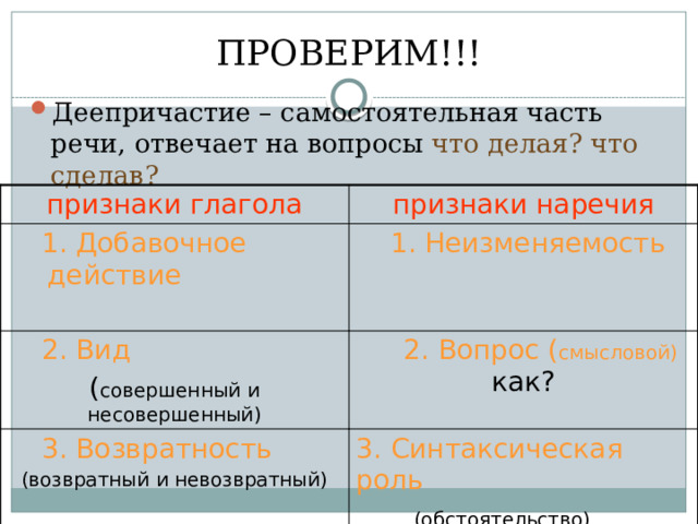  ПРОВЕРИМ!!! Деепричастие – самостоятельная часть речи, отвечает на вопросы что делая? что сделав? признаки глагола признаки наречия  1. Добавочное действие  1. Неизменяемость   2. Вид ( совершенный и несовершенный)  2.  Вопрос ( смысловой) как?   3. Возвратность (возвратный и невозвратный) 3.  Синтаксическая роль (обстоятельство)  