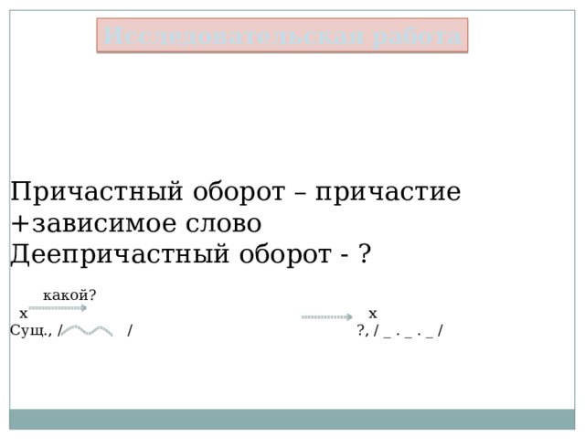 Исследовательская работа Причастный оборот – причастие +зависимое слово Деепричастный оборот - ?  какой?  х х Сущ., / / ?, / _ . _ . _ / 