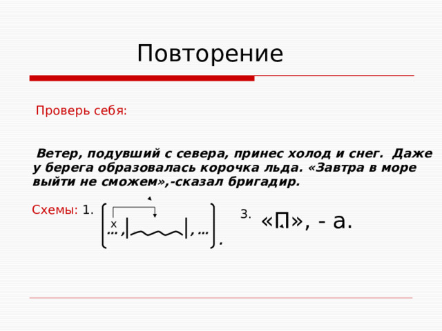  Повторение  Проверь себя:  Ветер, подувший с севера, принес холод и снег. Даже у берега образовалась корочка льда. «Завтра в море выйти не сможем»,-сказал бригадир.  Схемы: 1.     3. «П», - а. х … , … , . 
