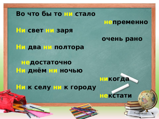 Во что бы то ни стало  не пременно Ни свет ни заря  очень рано Ни два ни полтора  не достаточно Ни днём ни  ночью  ни когда Ни к селу ни к городу  не кстати  