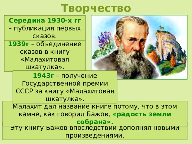 Творчество Середина 1930-х гг – публикация первых сказов. 1939г – объединение сказов в книгу «Малахитовая шкатулка». 1943г – получение Государственной премии СССР за книгу «Малахитовая шкатулка». Малахит дал название книге потому, что в этом камне, как говорил Бажов, «радость земли собрана». Эту книгу Бажов впоследствии дополнял новыми произведениями. 