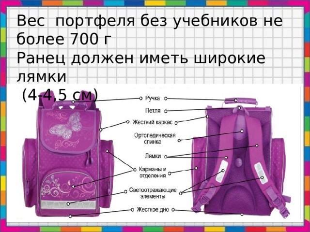 Вес портфеля без учебников не более 700 г Ранец должен иметь широкие лямки  (4-4,5 см) 