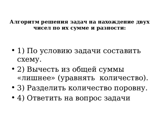 Алгоритм решения задач на нахождение двух чисел по их сумме и разности:   1) По условию задачи составить схему. 2) Вычесть из общей суммы «лишнее» (уравнять количество). 3) Разделить количество поровну. 4) Ответить на вопрос задачи 