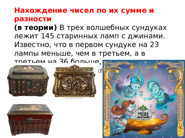 Нахождение чисел по их сумме и разности (в теории) В трех волшебных сундуках лежит 145 старинных ламп с джинами. Известно, что в первом сундуке на 23 лампы меньше, чем в третьем, а в третьем на 36 больше, чем во втором. Найти количество ламп в каждом сундуке. 