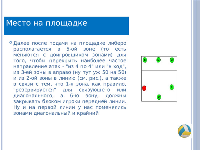 Место на площадке Далее после подачи на площадке либеро располагается в 5-ой зоне (то есть меняются с доигровщиком зонами) для того, чтобы перекрыть наиболее частое направление атак - 
