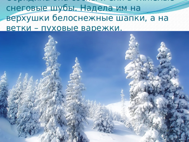 Обрядила она сосны и ели в тяжёлые снеговые шубы. Надела им на верхушки белоснежные шапки, а на ветки – пуховые варежки. 