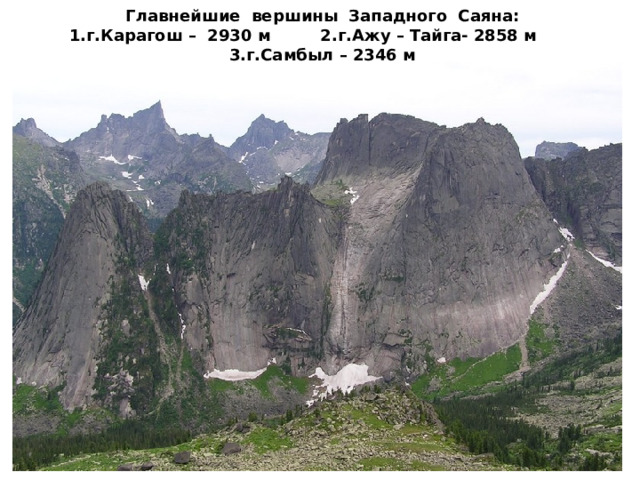 Главнейшие вершины Западного Саяна:  1.г.Карагош – 2930 м 2.г.Ажу – Тайга- 2858 м 3.г.Самбыл – 2346 м 