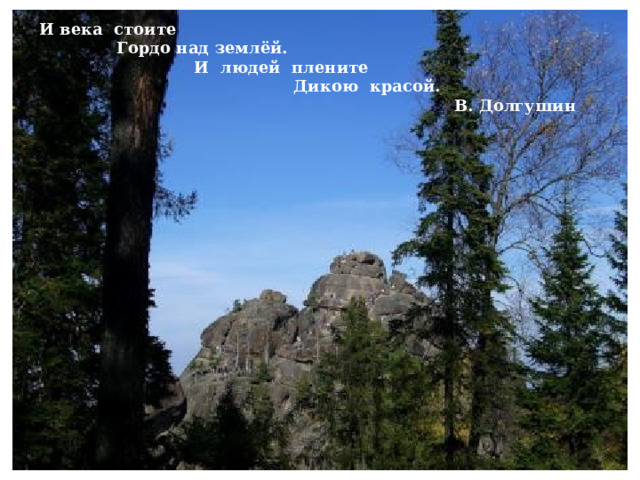 И века стоите  Гордо над землёй.  И людей плените  Дикою красой.  В. Долгушин 