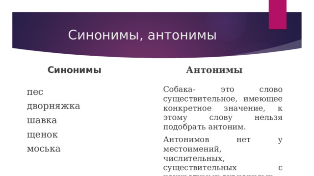 Синонимы, антонимы Синонимы Антонимы Собака- это слово существительное, имеющее конкретное значение, к этому слову нельзя подобрать антоним. Антонимов нет у местоимений, числительных, существительных с конкретными значениями. пес дворняжка шавка щенок моська 