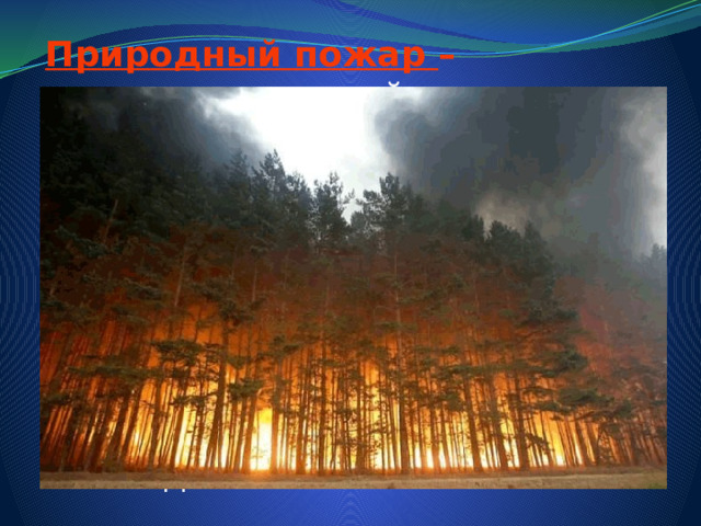Природный пожар –  неконтролируемый процесс горения, стихийно возникающий и распространяющийся в природной среде. Опасность возникновения пожаров в лесах существенно зависит от погодных условий и жизнедеятельности человека. 