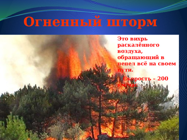  Огненный шторм Это вихрь раскалённого воздуха, обращающий в пепел всё на своем пути.  Скорость – 200 км/час 