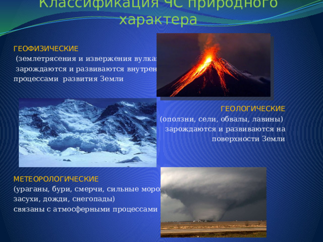 Классификация ЧС природного характера ГЕОФИЗИЧЕСКИЕ  (землетрясения и извержения вулканов)  зарождаются и развиваются внутренними процессами развития Земли ГЕОЛОГИЧЕСКИЕ  (оползни, сели, обвалы, лавины) зарождаются и развиваются на поверхности Земли МЕТЕОРОЛОГИЧЕСКИЕ (ураганы, бури, смерчи, сильные морозы, засухи, дожди, снегопады) связаны с атмосферными процессами 