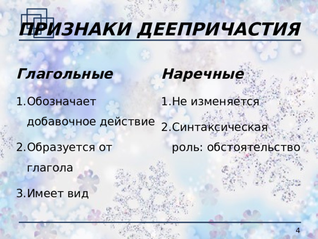 ПРИЗНАКИ ДЕЕПРИЧАСТИЯ Глагольные Наречные Обозначает добавочное действие Образуется от глагола Имеет вид Не изменяется Синтаксическая роль: обстоятельство 