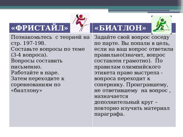 «ФРИСТАЙЛ» «БИАТЛОН» Познакомьтесь с теорией на стр. 197-198. Составьте вопросы по теме (3-4 вопроса). Задайте свой вопрос соседу по парте. Вы попали в цель, если на ваш вопрос ответили правильно(значит, вопрос составлен грамотно). По правилам олимпийского этикета право выстрела - вопроса переходит к сопернику. Проигравшему, не ответившему на вопрос , назначается дополнительный круг – повторно изучить материал параграфа. Вопросы составить письменно. Работайте в паре. Затем переходите к соревнованиям по «биатлону» 