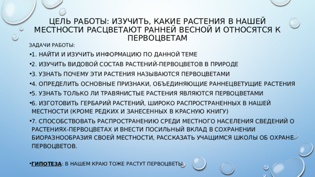 Цель работы: изучить, какие растения в нашей местности расцветают ранней весной и относятся к первоцветам Задачи работы: 1. найти и изучить информацию по данной теме 2. изучить видовой состав растений-первоцветов в природе 3. узнать почему эти растения называются первоцветами 4. определить основные признаки, объединяющие раннецветущие растения 5. узнать только ли травянистые растения являются первоцветами 6. изготовить гербарий растений, широко распространенных в нашей местности (кроме редких и занесенных в Красную книгу) 7. способствовать распространению среди местного населения сведений о растениях-первоцветах и внести посильный вклад в сохранении биоразнообразия своей местности, рассказать учащимся школы об охране первоцветов. Гипотеза : в нашем краю тоже растут первоцветы. 
