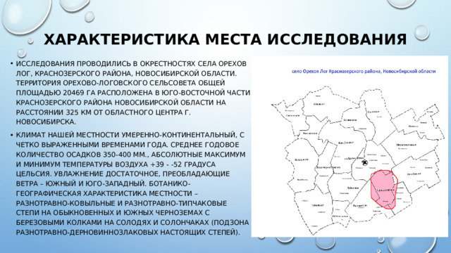 Характеристика места исследования Исследования проводились в окрестностях села Орехов Лог, Краснозерского района, Новосибирской области. Территория Орехово-Логовского сельсовета общей площадью 20469 га расположена в юго-восточной части Краснозерского района Новосибирской области на расстоянии 325 км от областного центра г. Новосибирска. Климат нашей местности умеренно-континентальный, с четко выраженными временами года. Среднее годовое количество осадков 350-400 мм., абсолютные максимум и минимум температуры воздуха +39 - -52 градуса Цельсия. Увлажнение достаточное, преобладающие ветра – южный и юго-западный. Ботанико-географическая характеристика местности – разнотравно-ковыльные и разнотравно-типчаковые степи на обыкновенных и южных черноземах с березовыми колками на солодях и солончаках (подзона разнотравно-дерновиннозлаковых настоящих степей). 