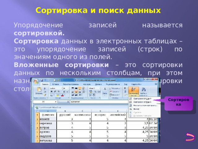 Сортировка и поиск данных Упорядочение записей называется сортировкой. Сортировка данных в электронных таблицах – это упорядочение записей (строк) по значениям одного из полей. Вложенные сортировки – это сортировки данных по нескольким столбцам, при этом назначается последовательность сортировки столбцов. Сортировка 