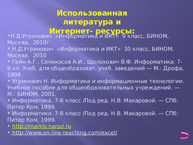 Использованная литература и Интернет- ресурсы: Н.Д.Угринович «Информатика и ИКТ» 9 класс, БИНОМ, Москва, 2010г  Н.Д.Угринович «Информатика и ИКТ» 10 класс, БИНОМ, Москва, 2010  Гейн А.Г., Сенокосов А.И., Шолохович В.Ф. Информатика: 7-9 кл. Учеб. для общеобразоват. учеб. заведений — М.: Дрофа, 1998.  Угринович Н. Информатика и информационные технологии. Учебное пособие для общеобразовательных учреждений. — М.: БИНОМ, 2001.  Информатика. 7-8 класс /Под ред. Н.В. Макаровой. — СПб: Питер Ком, 1999.  Информатика. 7-8 класс /Под ред. Н.В. Макаровой. — СПб: Питер Ком, 1999.  http://marklv.narod.ru  http://www.on-line-teaching.com/excel/  