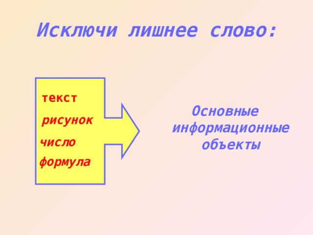 Исключи лишнее слово: текст Основные информационные объекты рисунок число формула 