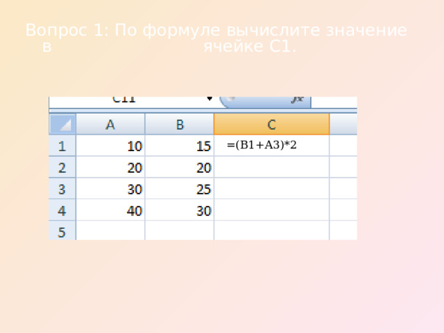 Вопрос 1: По формуле вычислите значение в    ячейке С1. =(В1+А3)*2 