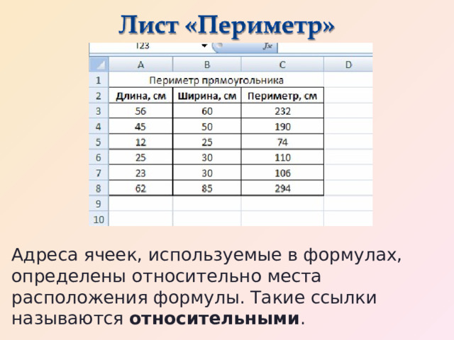 Адреса ячеек, используемые в формулах, определены относительно места расположения формулы. Такие ссылки называются относительными . 