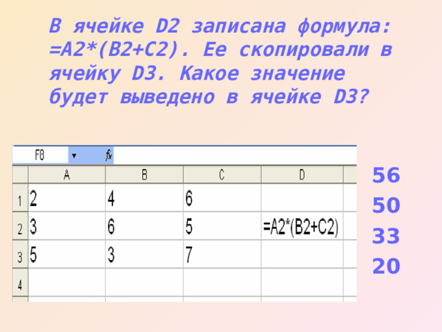 В ячейке D2 записана формула: = A2*(B2+C2) . Ее скопировали в ячейку D3 . Какое значение будет выведено в ячейке D3 ? 56 50 33 20 