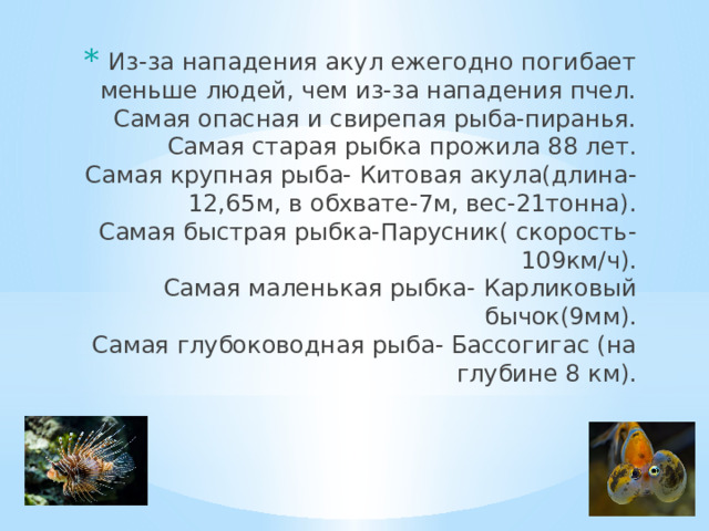 Из-за нападения акул ежегодно погибает меньше людей, чем из-за нападения пчел.  Самая опасная и свирепая рыба-пиранья.  Самая старая рыбка прожила 88 лет.  Самая крупная рыба- Китовая акула(длина-12,65м, в обхвате-7м, вес-21тонна).  Самая быстрая рыбка-Парусник( скорость-109км/ч).  Самая маленькая рыбка- Карликовый бычок(9мм).  Самая глубоководная рыба- Бассогигас (на глубине 8 км).   