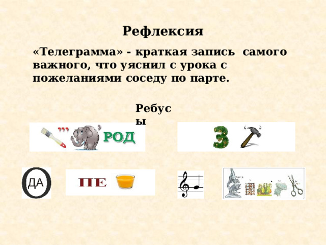 Рефлексия «Телеграмма» - краткая запись самого важного, что уяснил с урока с пожеланиями соседу по парте. Ребусы 