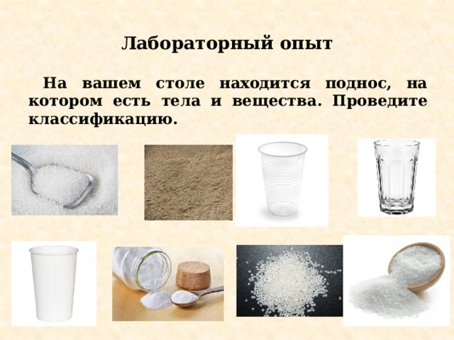 Лабораторный опыт  На вашем столе находится поднос, на котором есть тела и вещества. Проведите классификацию. 
