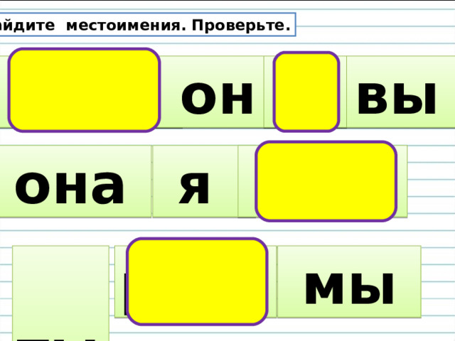 Найдите местоимения. Проверьте.  крот  он  вы  в  она  я  под  ты  мы река 