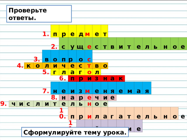 Проверьте ответы. 4. 1. 3.  п  к  р  в 2.  о  е  о  с  л 9.  и  п  у 5.  д  ч  ч  р  щ  г  и  м  е  л 7.  о  е  е  с 6.  а  с  н  т  с  с  л  п  е  г  т  и  т 8.  и  р  о  н  т  в  в  з  е  а  о  и  и  л 10.  з  м  т  р  л  е  ь  п  е  н  е  р 11  а  н  л  ч  н  д  к  я  ь  и  о  и  н  е  е  л  е  е  о  м  а  й  а  е  с  г  я  а  т  в  т  и  е  л  е  ь  н  о  е Сформулируйте тему урока. 