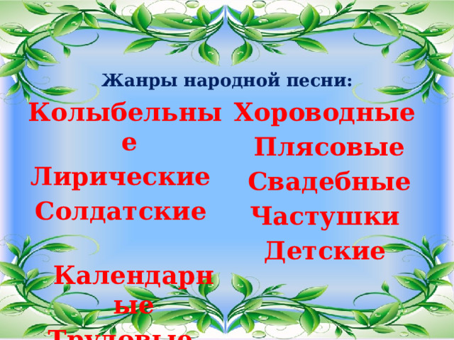  Жанры народной песни:   Колыбельные Лирические Хороводные Плясовые Солдатские  Календарные Свадебные Частушки  Трудовые Детские 