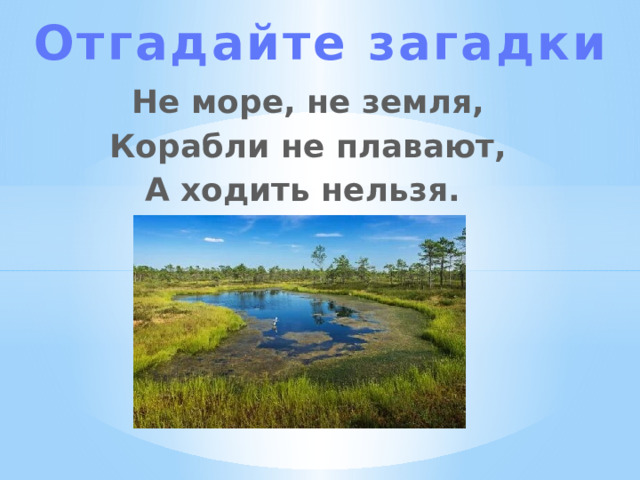 Отгадайте загадки Не море, не земля, Корабли не плавают, А ходить нельзя. 