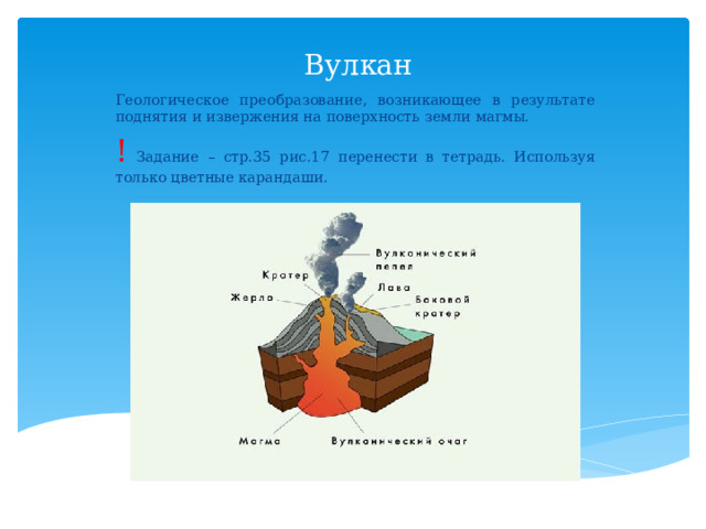 Вулкан Геологическое преобразование, возникающее в результате поднятия и извержения на поверхность земли магмы. ! Задание – стр.35 рис.17 перенести в тетрадь. Используя только цветные карандаши. 