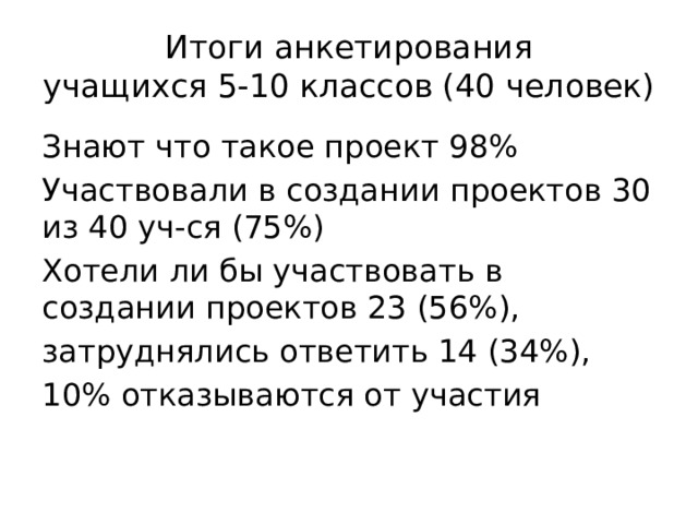 Итоги анкетирования  учащихся 5-10 классов (40 человек) Знают что такое проект 98% Участвовали в создании проектов 30 из 40 уч-ся (75%) Хотели ли бы участвовать в создании проектов 23 (56%), затруднялись ответить 14 (34%), 10% отказываются от участия 