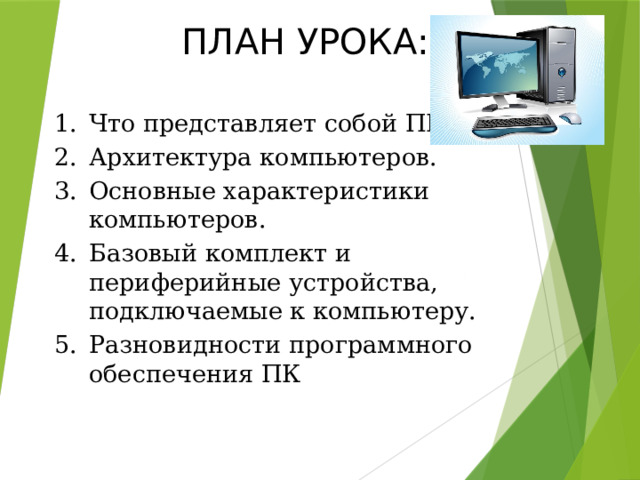 ПЛАН УРОКА: Что представляет собой ПК Архитектура компьютеров. Основные характеристики компьютеров. Базовый комплект и периферийные устройства, подключаемые к компьютеру. Разновидности программного обеспечения ПК 