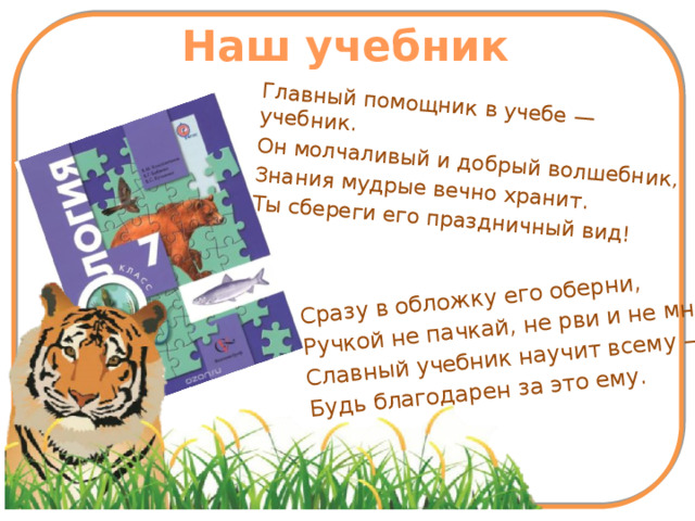 Наш учебник Главный помощник в учебе — учебник. Он молчаливый и добрый волшебник, Сразу в обложку его оберни, Знания мудрые вечно хранит. Ручкой не пачкай, не рви и не мни. Ты сбереги его праздничный вид! Славный учебник научит всему — Будь благодарен за это ему. 