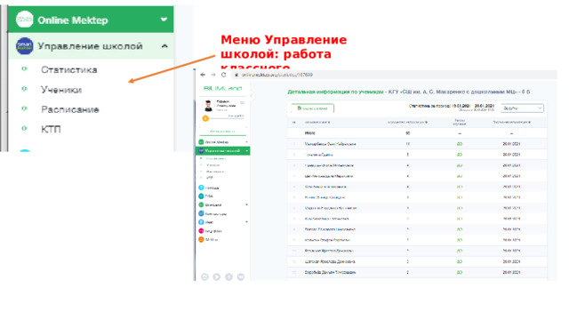 Меню Управление школой: работа классного руководителя 