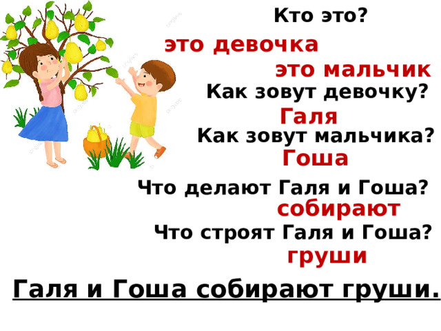 Кто это? это девочка это мальчик Как зовут девочку? Галя Как зовут мальчика? Гоша Что делают Галя и Гоша? собирают Что строят Галя и Гоша? груши Галя и Гоша собирают груши. 