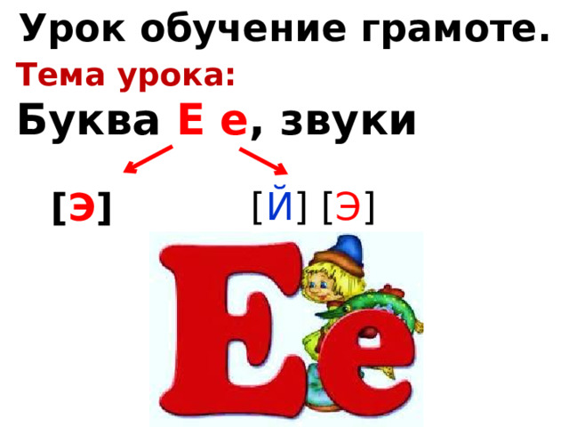 Урок обучение грамоте. Тема урока: Буква Е е , звуки  [ Й ] [ Э ]  [ Э ] 