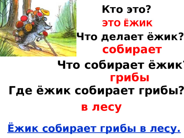 Кто это? ЭТО ЁЖИК Что делает ёжик?  собирает Что собирает ёжик? грибы Где ёжик собирает грибы? в лесу Ёжик собирает грибы в лесу. 