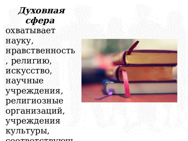 Духовная сфера  охватывает науку, нравственность, религию, искусство, научные учреждения, религиозные организаций, учреждения культуры, соответствующую деятельность людей. 