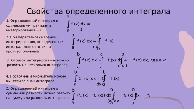 Свойства определенного интеграла a ∫ 1. Определенный интеграл с одинаковыми границами интегрирования = 0 f (x) dx = 0 a a b 2. При перестановке границ интегрирования, определенный интеграл меняет знак на противоположный ∫ ∫ f (x) dx = - f (x) dx a b b c b ∫ ∫ ∫ f (x) dx = f (x) dx + f (x) dx, где a 3. Отрезок интегрирования можно разбить на несколько интегралов c a a b b ∫ ∫ 4. Постоянный множитель можно вынести за знак интеграла Cf (x) dx = C f (x) dx a a b b 5. Определенный интеграл от суммы или разности можно разбить на сумму или разность интегралов b ∫ ∫ ∫ (f₁ (x) f₂ (x)) dx = f₁ (x) dx f₂ (x) dx a a a 