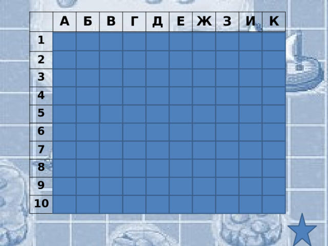 А 1 Б 2 В 3 Г 4 5 Д Е 6 Ж 7 З 8 9 И К 10 