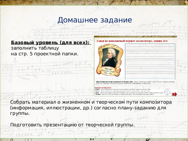 Домашнее задание Базовый уровень (для всех): заполнить таблицу на стр. 5 проектной папки. Собрать материал о жизненном и творческом пути композитора (информация, иллюстрации, др.) согласно плану-заданию для группы. Подготовить презентацию от творческой группы.  